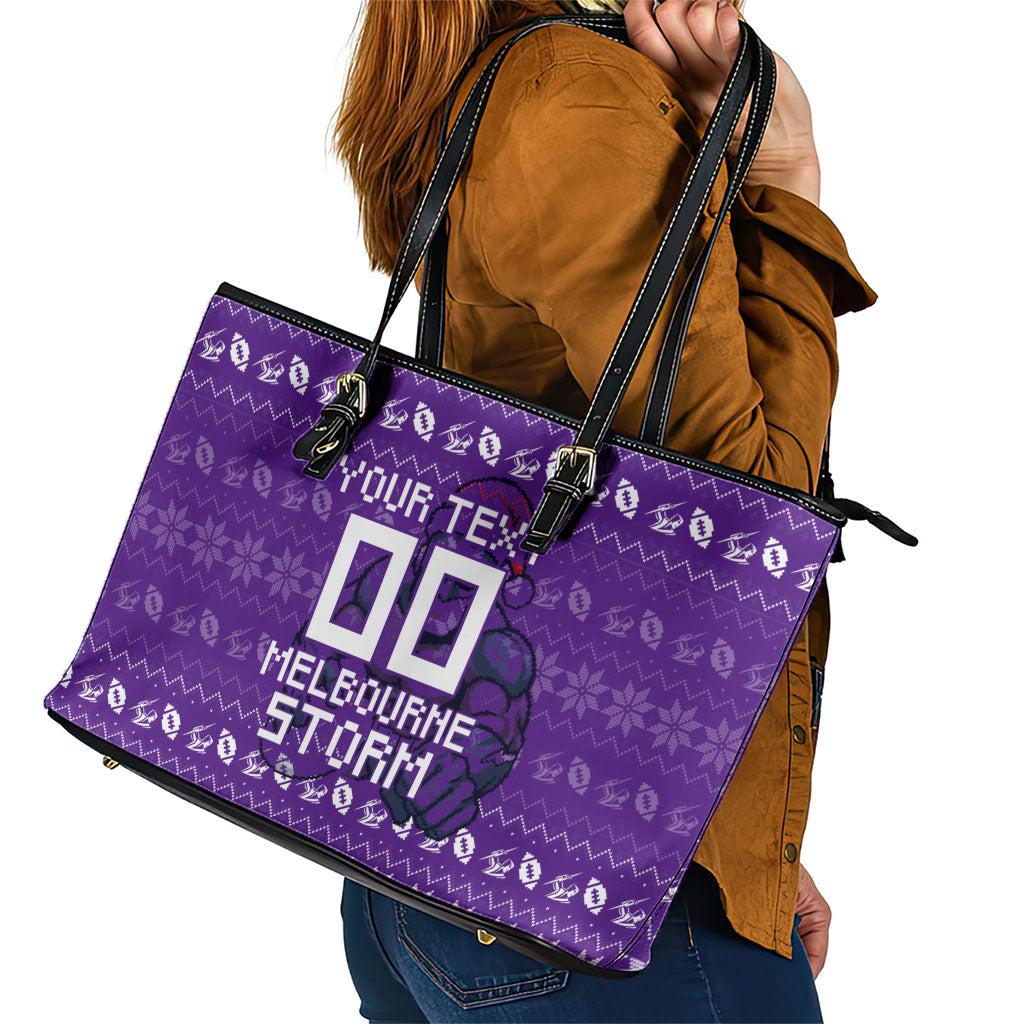 Personalized Melbourne Storm Christmas Leather Tote Bag Australian Rugby Fans - Pixelated Ugly Xmas Pattern Mascot Santa