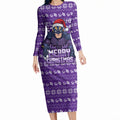 Personalized Melbourne Storm Christmas Long Sleeve Bodycon Dress Australian Rugby Fans - Pixelated Ugly Xmas Pattern Mascot Santa