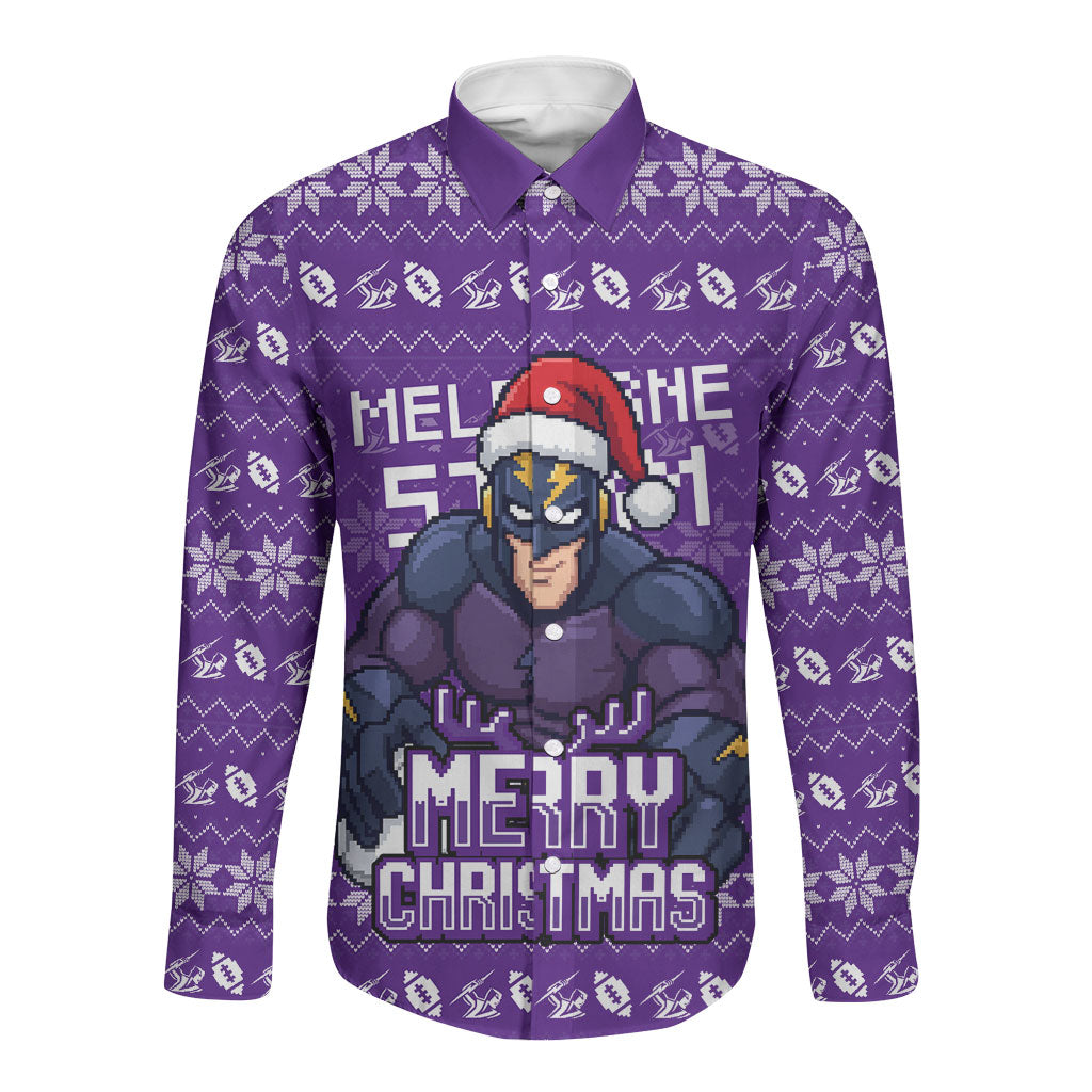 Personalized Melbourne Storm Christmas Long Sleeve Button Shirt Australian Rugby Fans - Pixelated Ugly Xmas Pattern Mascot Santa