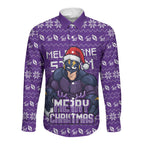Personalized Melbourne Storm Christmas Long Sleeve Button Shirt Australian Rugby Fans - Pixelated Ugly Xmas Pattern Mascot Santa