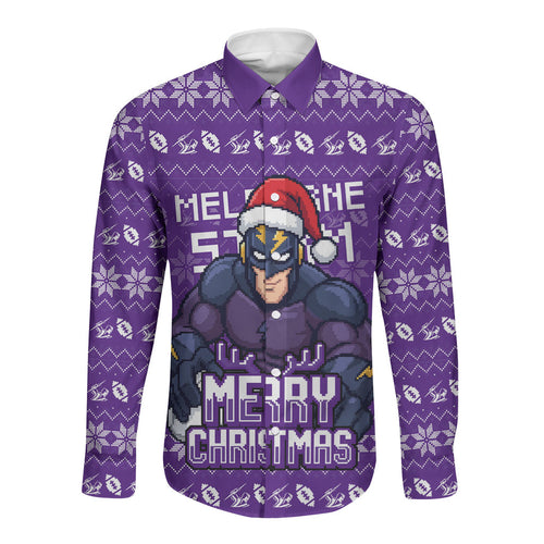 Personalized Melbourne Storm Christmas Long Sleeve Button Shirt Australian Rugby Fans - Pixelated Ugly Xmas Pattern Mascot Santa