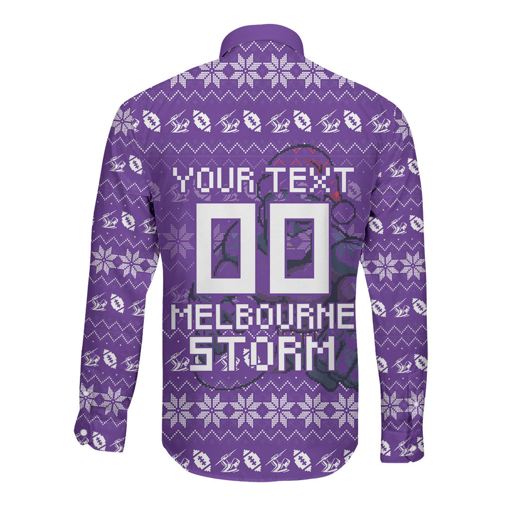 Personalized Melbourne Storm Christmas Long Sleeve Button Shirt Australian Rugby Fans - Pixelated Ugly Xmas Pattern Mascot Santa