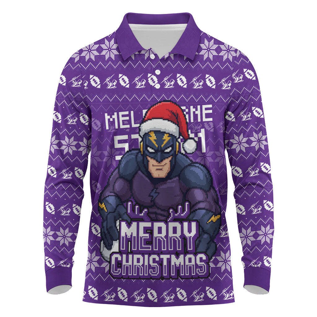 Personalized Melbourne Storm Christmas Long Sleeve Polo Shirt Australian Rugby Fans - Pixelated Ugly Xmas Pattern Mascot Santa