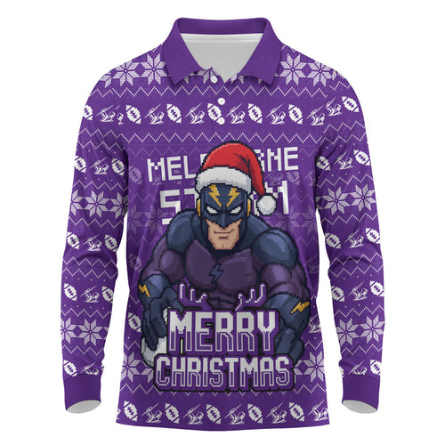 Personalized Melbourne Storm Christmas Long Sleeve Polo Shirt Australian Rugby Fans - Pixelated Ugly Xmas Pattern Mascot Santa
