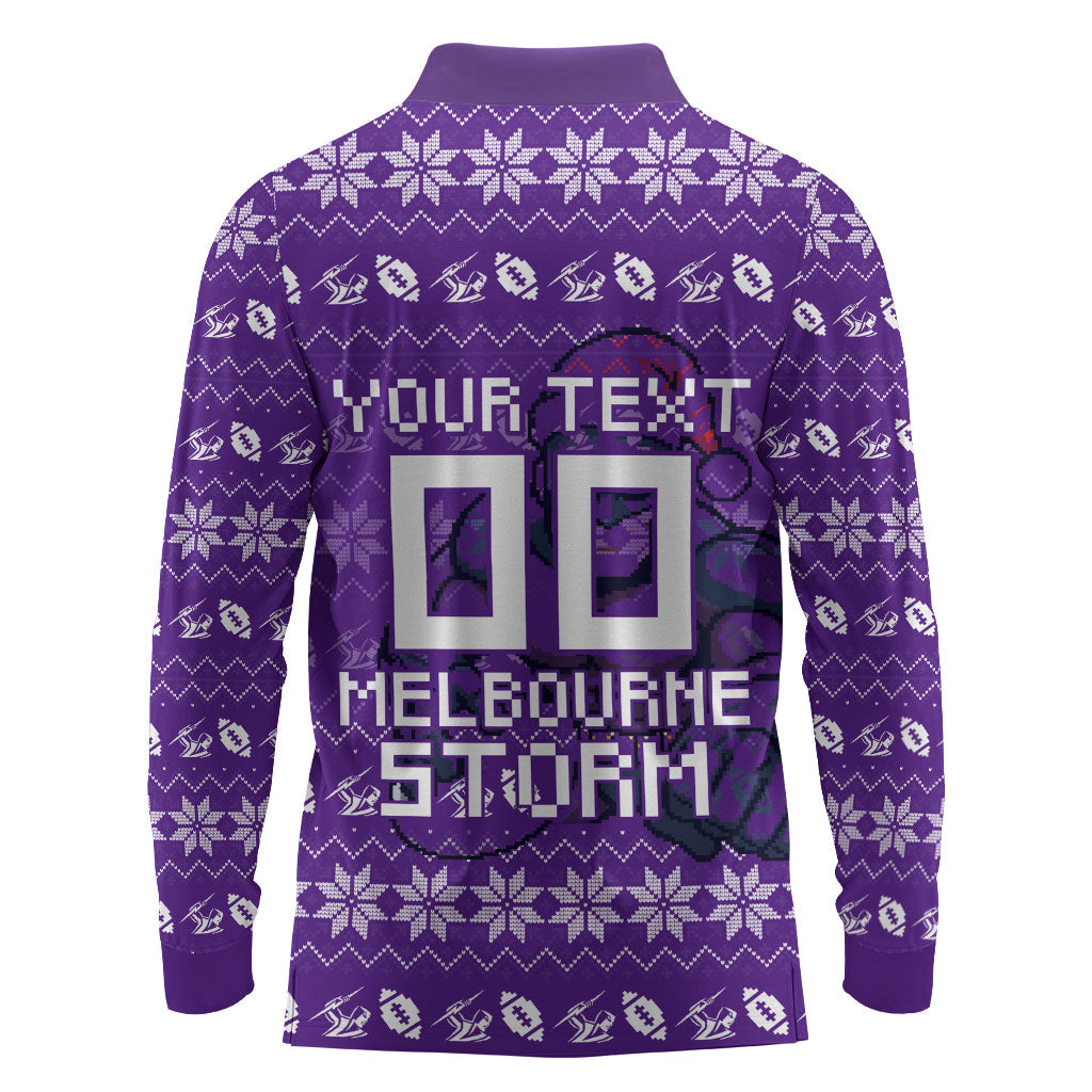 Personalized Melbourne Storm Christmas Long Sleeve Polo Shirt Australian Rugby Fans - Pixelated Ugly Xmas Pattern Mascot Santa