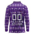 Personalized Melbourne Storm Christmas Long Sleeve Polo Shirt Australian Rugby Fans - Pixelated Ugly Xmas Pattern Mascot Santa