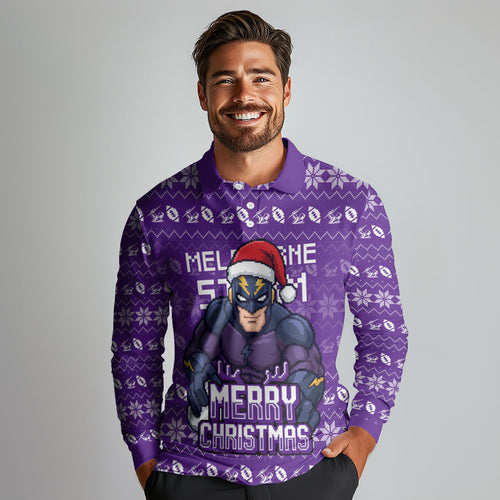 Personalized Melbourne Storm Christmas Long Sleeve Polo Shirt Australian Rugby Fans - Pixelated Ugly Xmas Pattern Mascot Santa