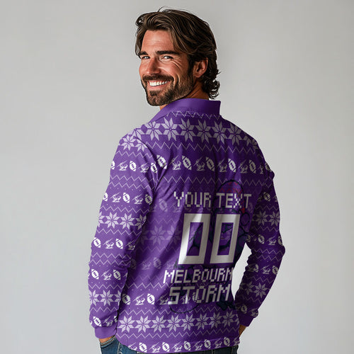 Personalized Melbourne Storm Christmas Long Sleeve Polo Shirt Australian Rugby Fans - Pixelated Ugly Xmas Pattern Mascot Santa