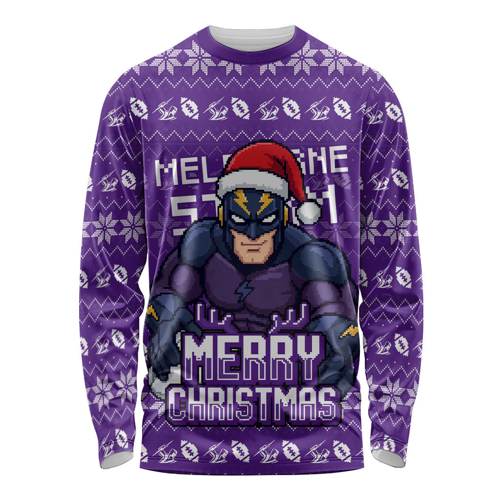 Personalized Melbourne Storm Christmas Long Sleeve Shirt Australian Rugby Fans - Pixelated Ugly Xmas Pattern Mascot Santa