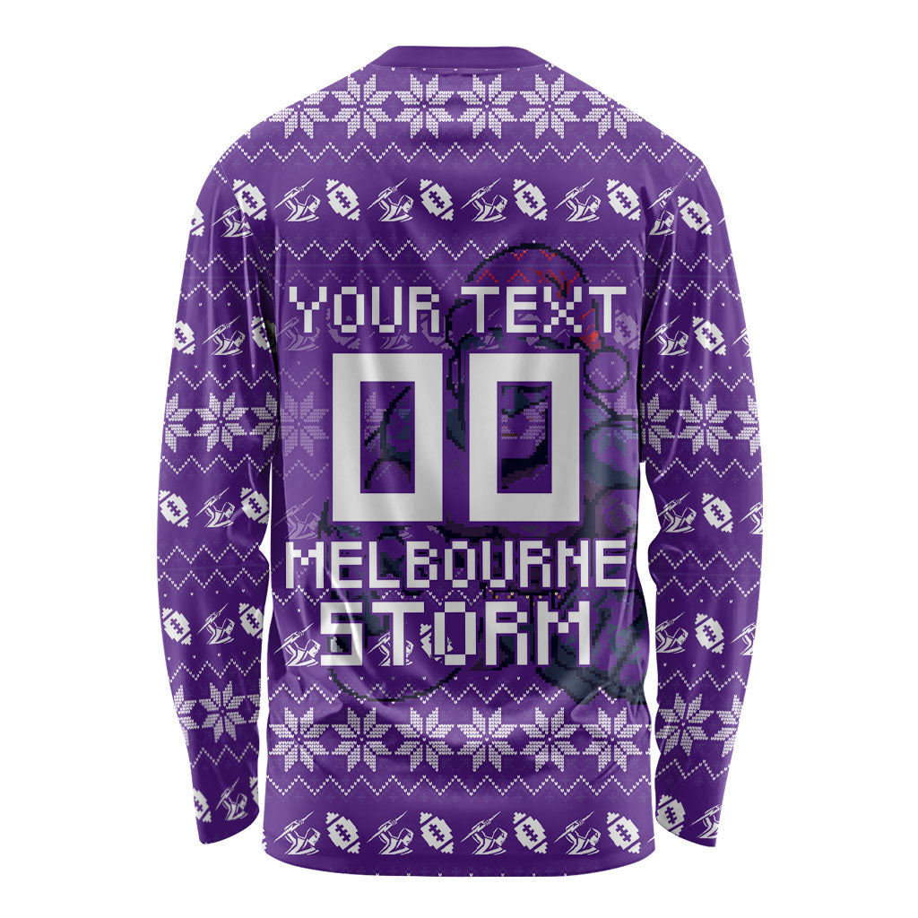 Personalized Melbourne Storm Christmas Long Sleeve Shirt Australian Rugby Fans - Pixelated Ugly Xmas Pattern Mascot Santa