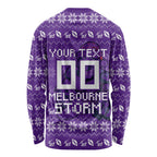 Personalized Melbourne Storm Christmas Long Sleeve Shirt Australian Rugby Fans - Pixelated Ugly Xmas Pattern Mascot Santa