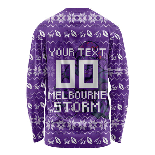 Personalized Melbourne Storm Christmas Long Sleeve Shirt Australian Rugby Fans - Pixelated Ugly Xmas Pattern Mascot Santa