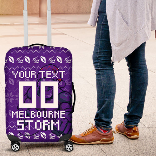 Personalized Melbourne Storm Christmas Luggage Cover Australian Rugby Fans - Pixelated Ugly Xmas Pattern Mascot Santa