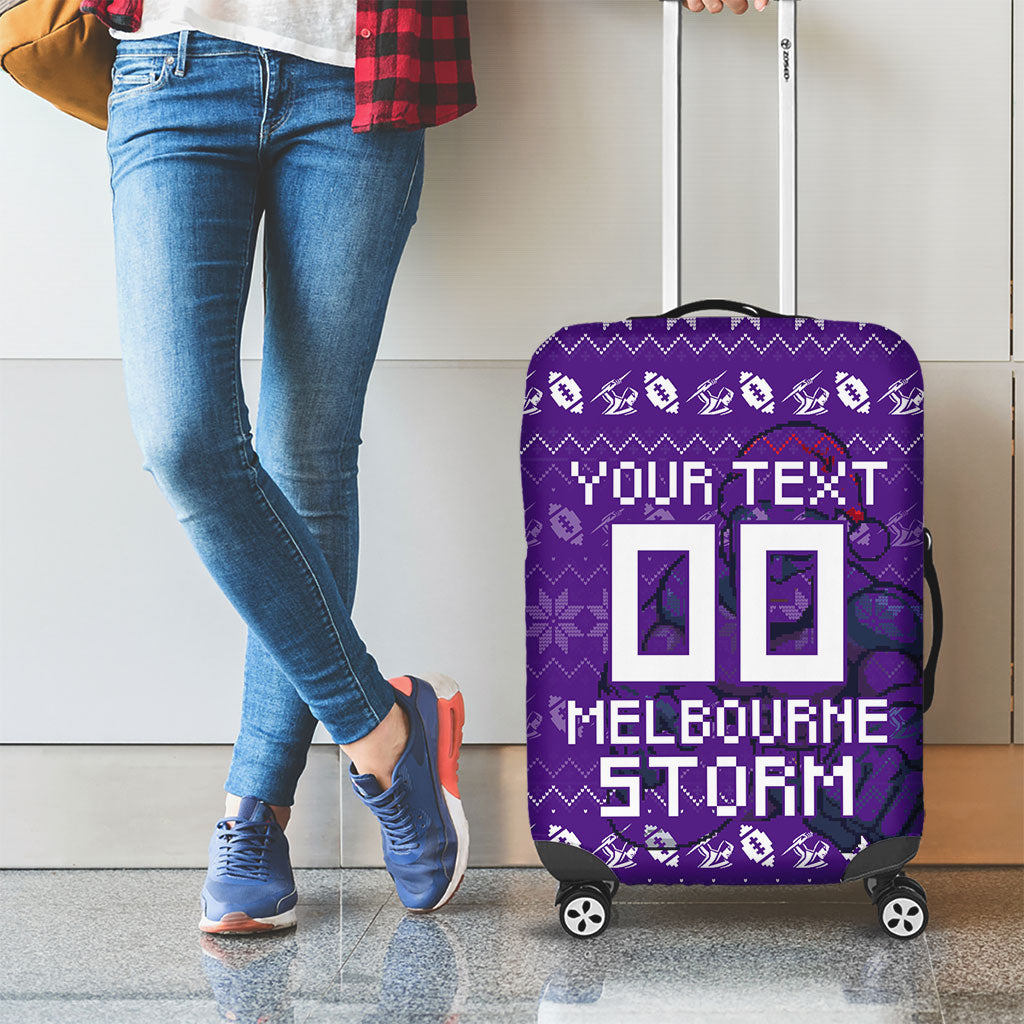 Personalized Melbourne Storm Christmas Luggage Cover Australian Rugby Fans - Pixelated Ugly Xmas Pattern Mascot Santa