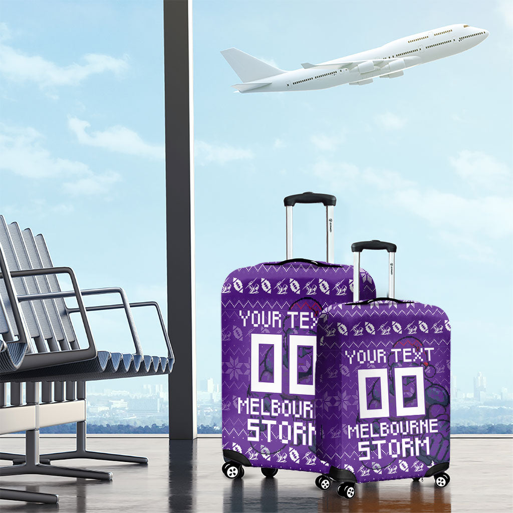 Personalized Melbourne Storm Christmas Luggage Cover Australian Rugby Fans - Pixelated Ugly Xmas Pattern Mascot Santa