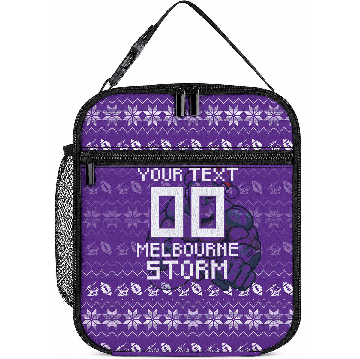Personalized Melbourne Storm Christmas Lunch Bag Australian Rugby Fans - Pixelated Ugly Xmas Pattern Mascot Santa