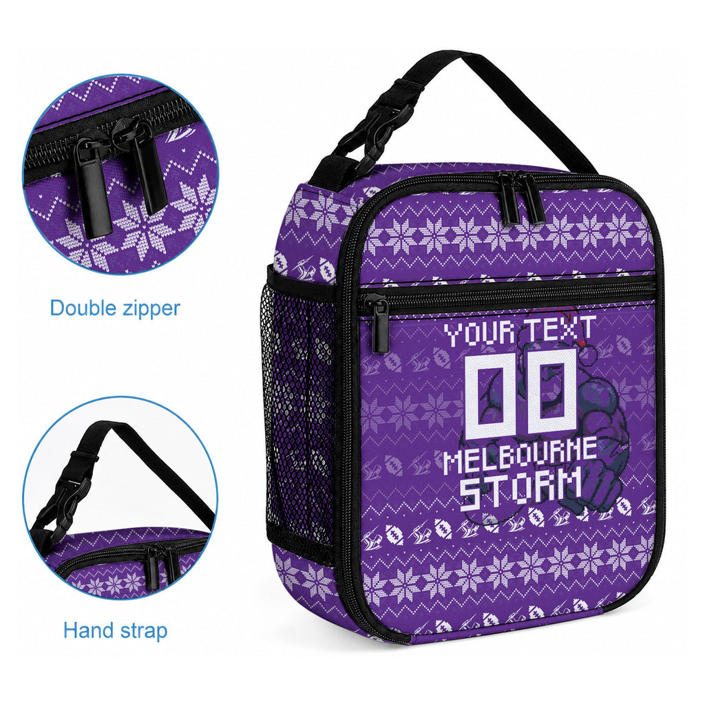 Personalized Melbourne Storm Christmas Lunch Bag Australian Rugby Fans - Pixelated Ugly Xmas Pattern Mascot Santa