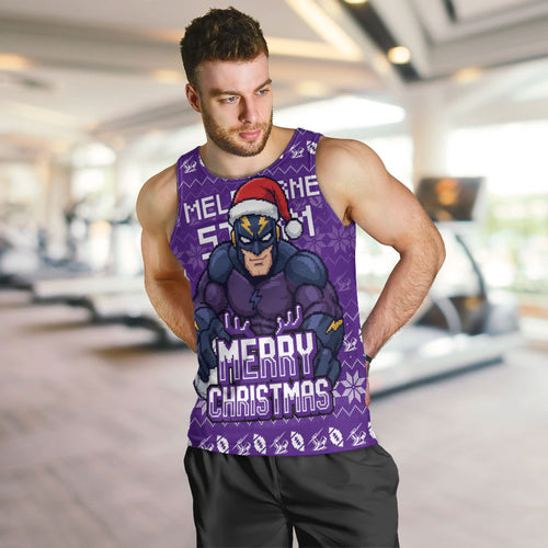 Personalized Melbourne Storm Christmas Men Tank Top Australian Rugby Fans - Pixelated Ugly Xmas Pattern Mascot Santa