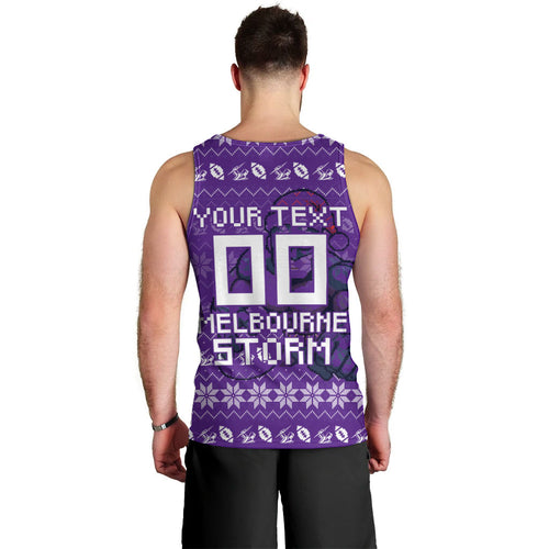 Personalized Melbourne Storm Christmas Men Tank Top Australian Rugby Fans - Pixelated Ugly Xmas Pattern Mascot Santa