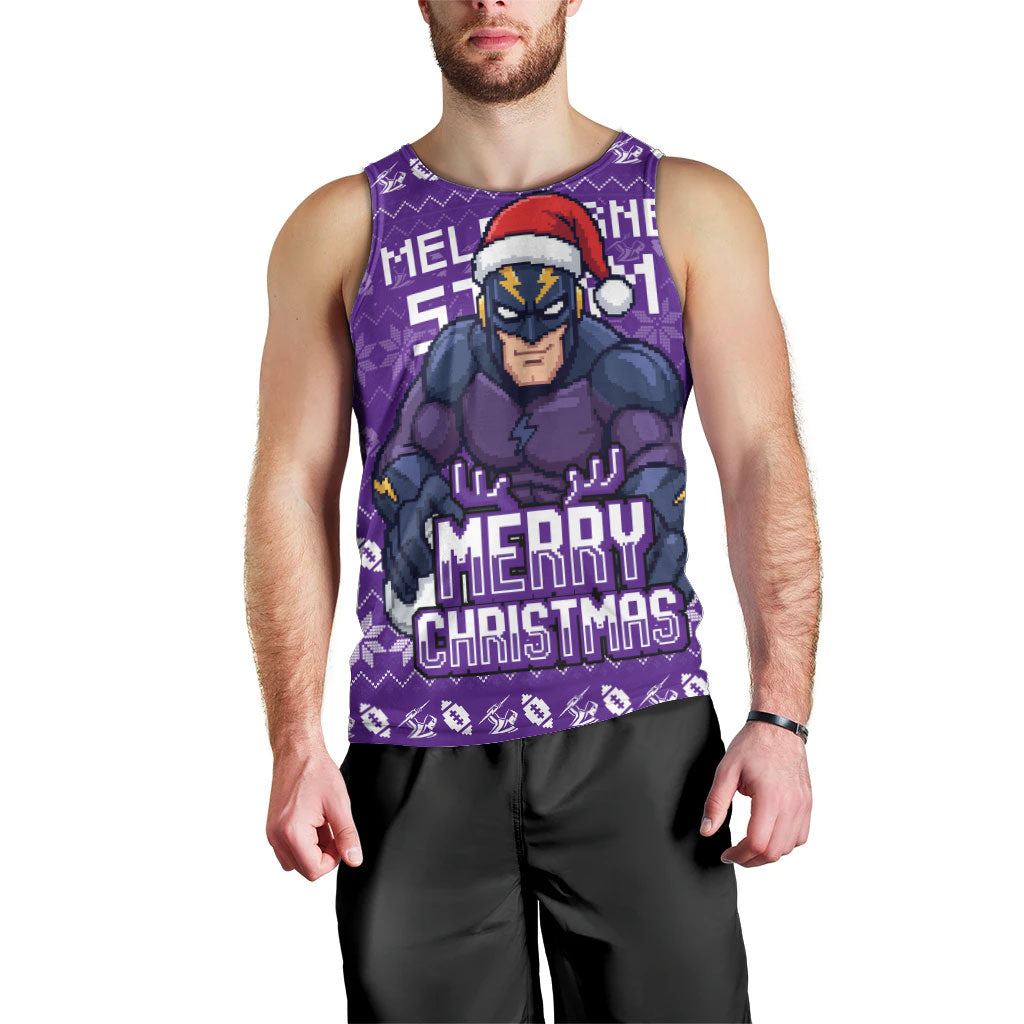 Personalized Melbourne Storm Christmas Men Tank Top Australian Rugby Fans - Pixelated Ugly Xmas Pattern Mascot Santa