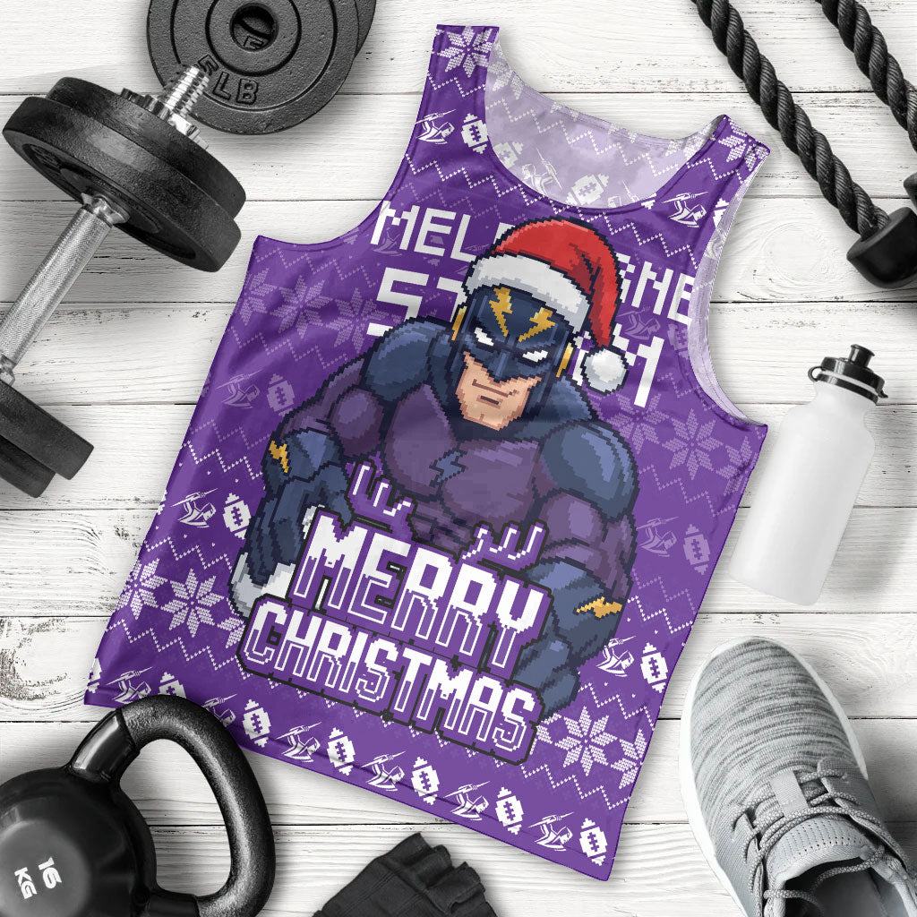 Personalized Melbourne Storm Christmas Men Tank Top Australian Rugby Fans - Pixelated Ugly Xmas Pattern Mascot Santa