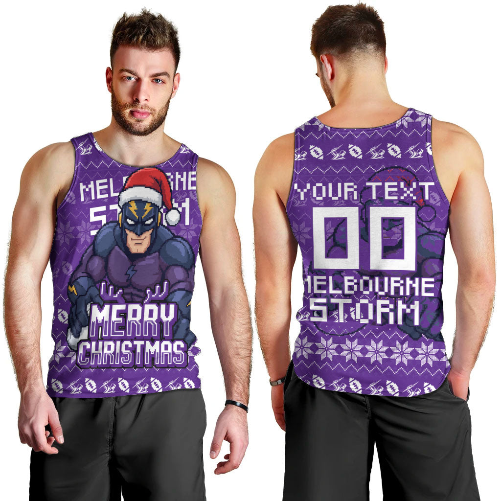 Personalized Melbourne Storm Christmas Men Tank Top Australian Rugby Fans - Pixelated Ugly Xmas Pattern Mascot Santa