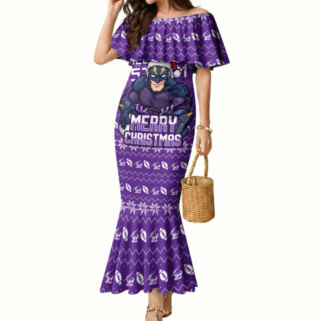 Personalized Melbourne Storm Christmas Mermaid Dress Australian Rugby Fans - Pixelated Ugly Xmas Pattern Mascot Santa