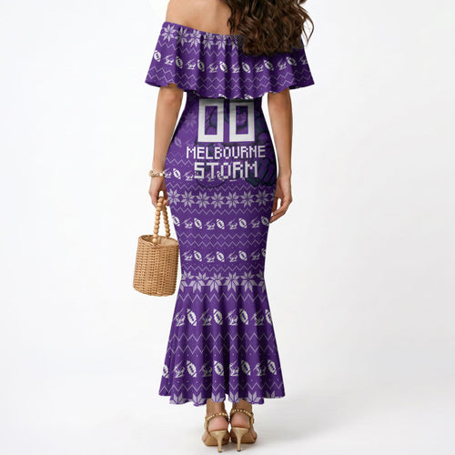Personalized Melbourne Storm Christmas Mermaid Dress Australian Rugby Fans - Pixelated Ugly Xmas Pattern Mascot Santa