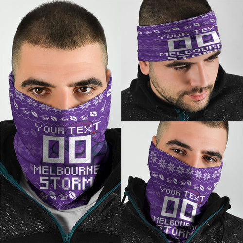 Personalized Melbourne Storm Christmas Neck Gaiter Australian Rugby Fans - Pixelated Ugly Xmas Pattern Mascot Santa