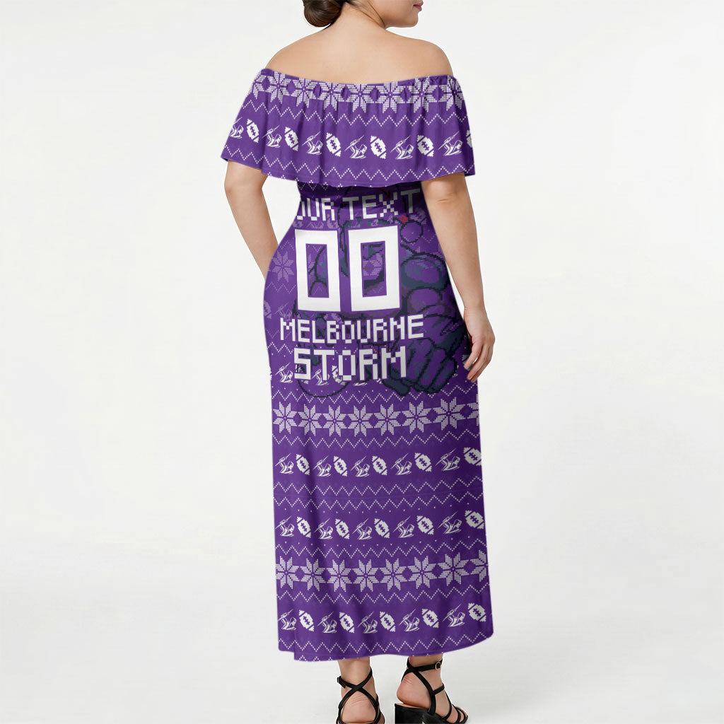 Personalized Melbourne Storm Christmas Off Shoulder Maxi Dress Australian Rugby Fans - Pixelated Ugly Xmas Pattern Mascot Santa