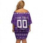 Personalized Melbourne Storm Christmas Off Shoulder Short Dress Australian Rugby Fans - Pixelated Ugly Xmas Pattern Mascot Santa