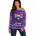 Personalized Melbourne Storm Christmas Off Shoulder Sweater Australian Rugby Fans - Pixelated Ugly Xmas Pattern Mascot Santa