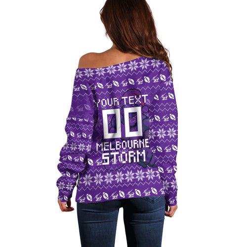 Personalized Melbourne Storm Christmas Off Shoulder Sweater Australian Rugby Fans - Pixelated Ugly Xmas Pattern Mascot Santa