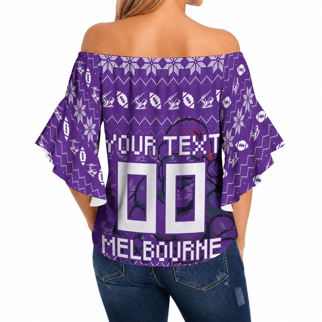 Personalized Melbourne Storm Christmas Off Shoulder Wrap Waist Top Australian Rugby Fans - Pixelated Ugly Xmas Pattern Mascot Santa
