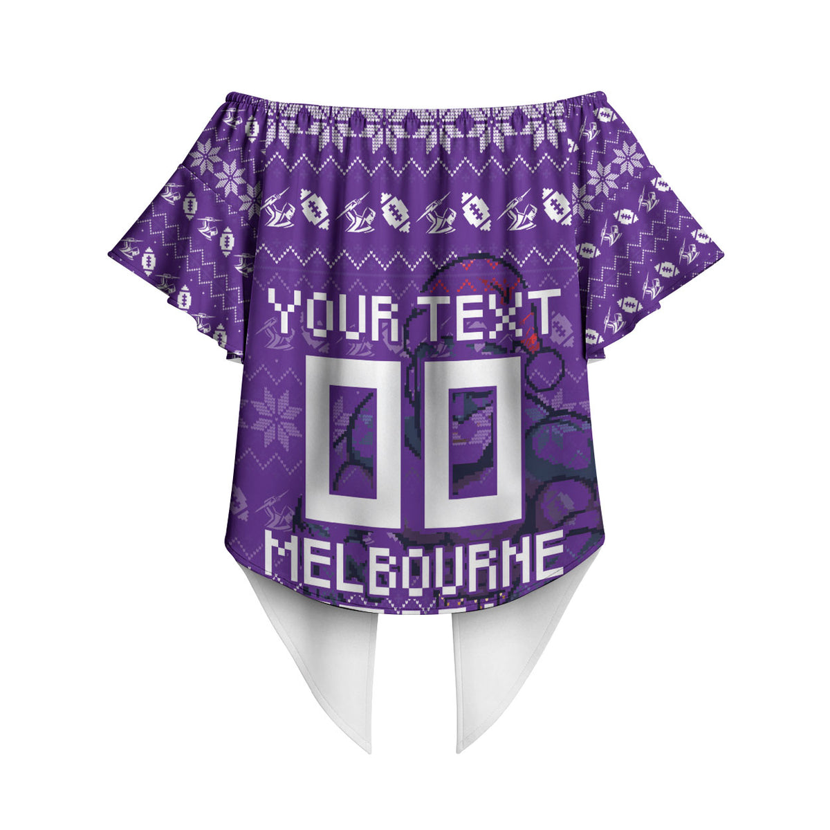 Personalized Melbourne Storm Christmas Off Shoulder Wrap Waist Top Australian Rugby Fans - Pixelated Ugly Xmas Pattern Mascot Santa