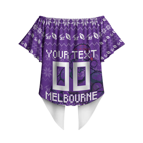Personalized Melbourne Storm Christmas Off Shoulder Wrap Waist Top Australian Rugby Fans - Pixelated Ugly Xmas Pattern Mascot Santa
