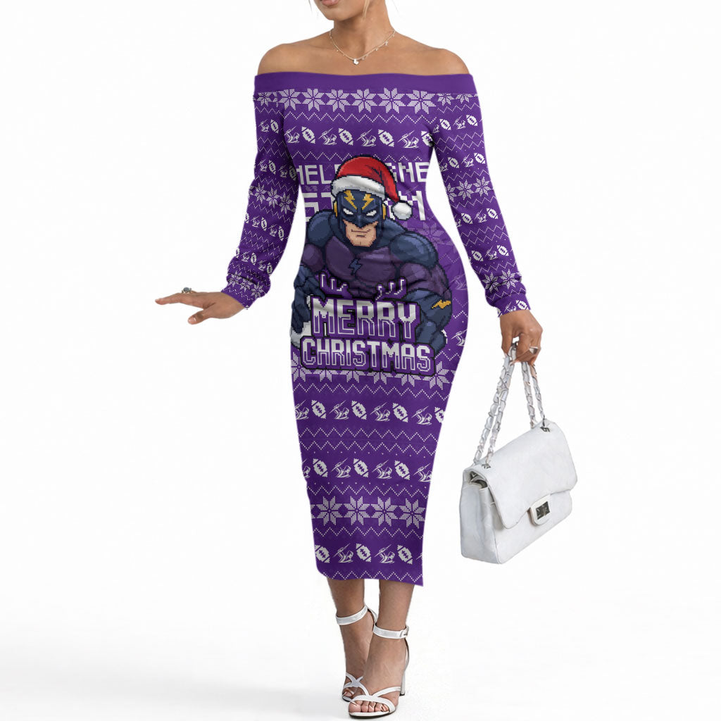 Personalized Melbourne Storm Christmas Off The Shoulder Long Sleeve Dress Australian Rugby Fans - Pixelated Ugly Xmas Pattern Mascot Santa