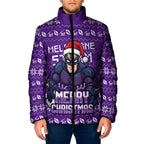 Personalized Melbourne Storm Christmas Padded Jacket Australian Rugby Fans - Pixelated Ugly Xmas Pattern Mascot Santa