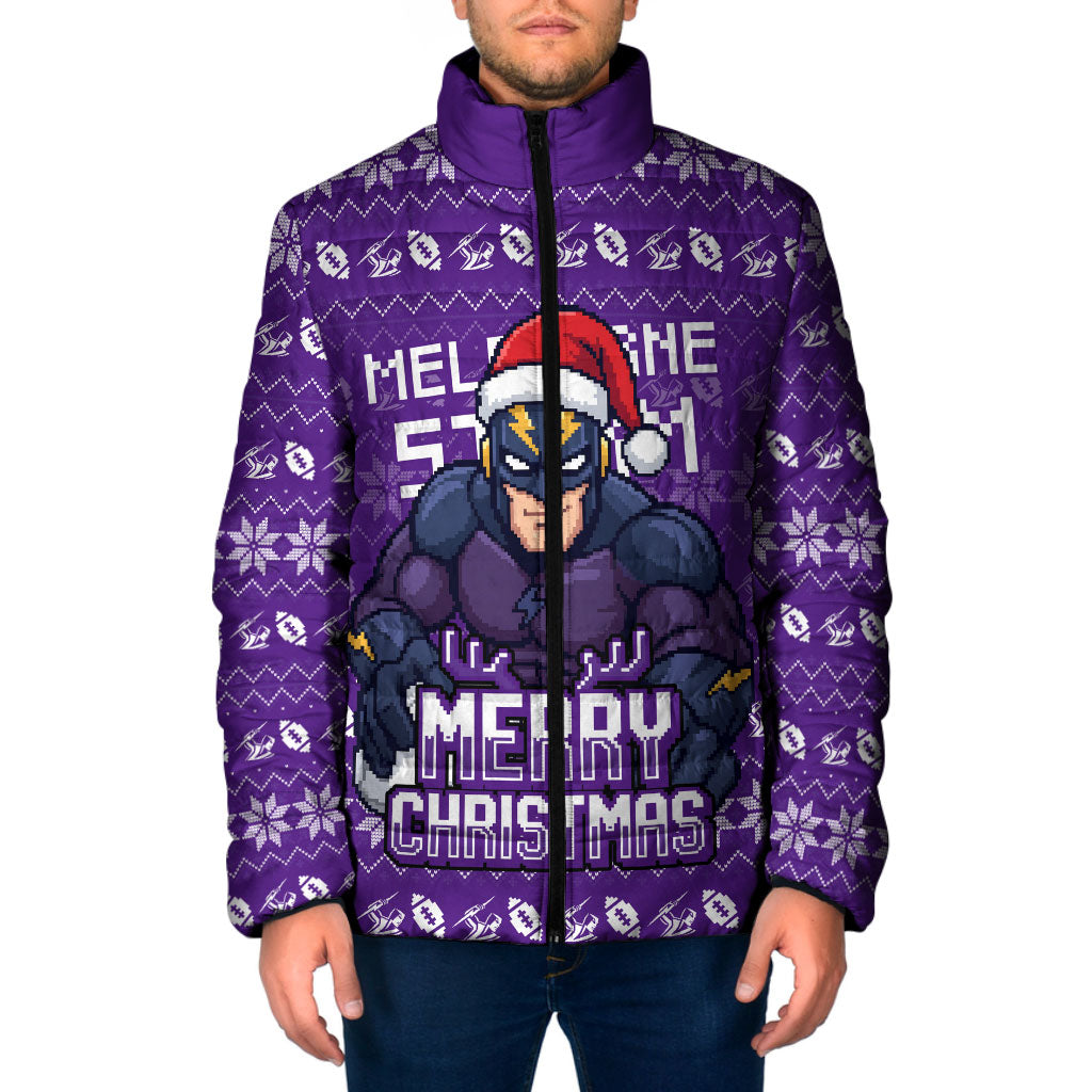 Personalized Melbourne Storm Christmas Padded Jacket Australian Rugby Fans - Pixelated Ugly Xmas Pattern Mascot Santa