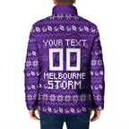 Personalized Melbourne Storm Christmas Padded Jacket Australian Rugby Fans - Pixelated Ugly Xmas Pattern Mascot Santa