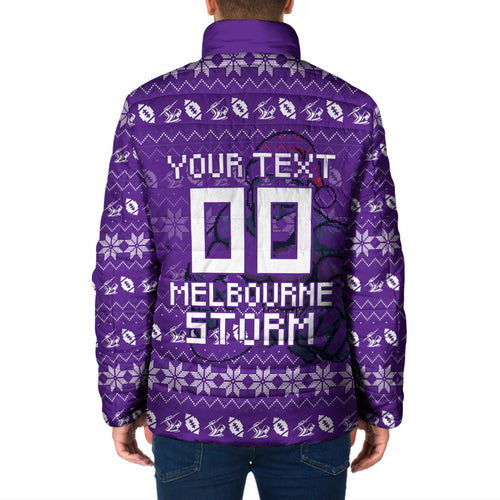 Personalized Melbourne Storm Christmas Padded Jacket Australian Rugby Fans - Pixelated Ugly Xmas Pattern Mascot Santa