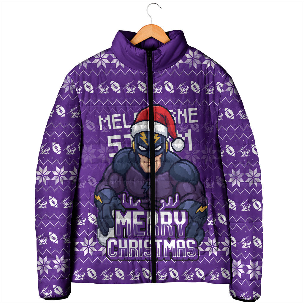 Personalized Melbourne Storm Christmas Padded Jacket Australian Rugby Fans - Pixelated Ugly Xmas Pattern Mascot Santa