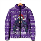 Personalized Melbourne Storm Christmas Padded Jacket Australian Rugby Fans - Pixelated Ugly Xmas Pattern Mascot Santa