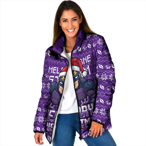 Personalized Melbourne Storm Christmas Padded Jacket Australian Rugby Fans - Pixelated Ugly Xmas Pattern Mascot Santa