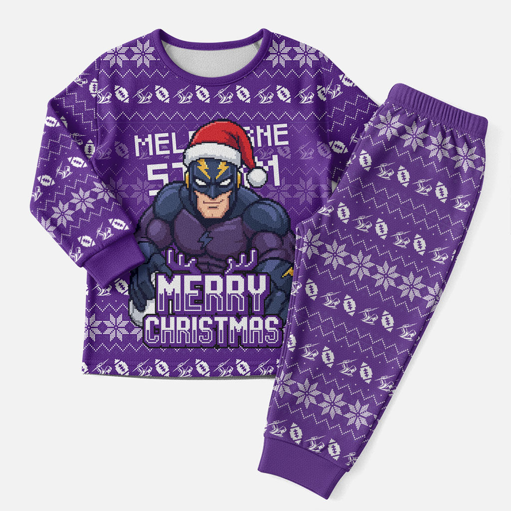 Personalized Melbourne Storm Christmas Pajama Set Australian Rugby Fans - Pixelated Ugly Xmas Pattern Mascot Santa