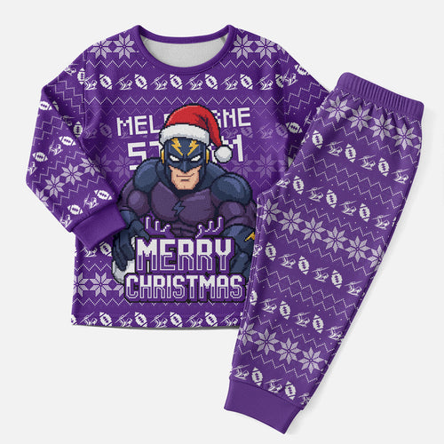Personalized Melbourne Storm Christmas Pajama Set Australian Rugby Fans - Pixelated Ugly Xmas Pattern Mascot Santa