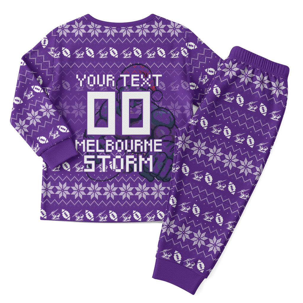 Personalized Melbourne Storm Christmas Pajama Set Australian Rugby Fans - Pixelated Ugly Xmas Pattern Mascot Santa