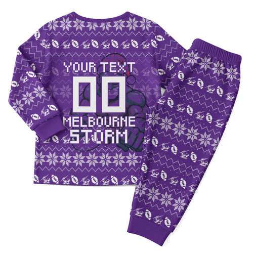 Personalized Melbourne Storm Christmas Pajama Set Australian Rugby Fans - Pixelated Ugly Xmas Pattern Mascot Santa