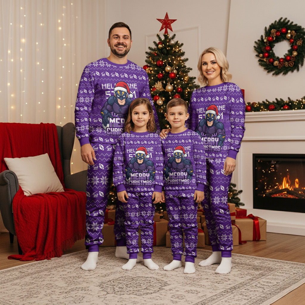 Personalized Melbourne Storm Christmas Pajama Set Australian Rugby Fans - Pixelated Ugly Xmas Pattern Mascot Santa