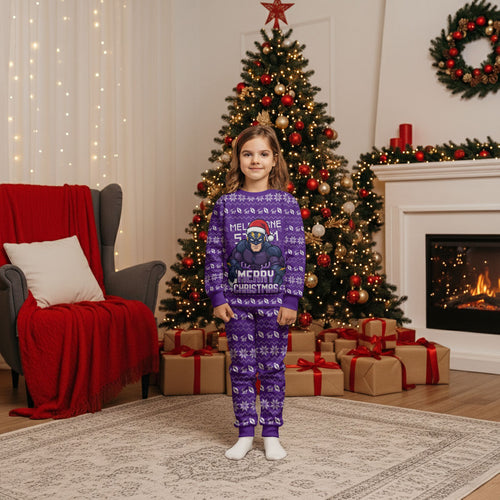 Personalized Melbourne Storm Christmas Pajama Set Australian Rugby Fans - Pixelated Ugly Xmas Pattern Mascot Santa